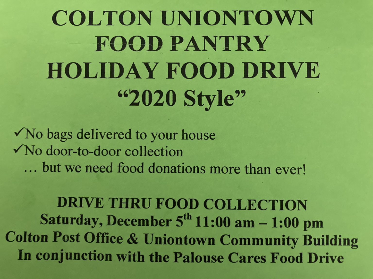 Colton Uniontown Food Pantry Holiday Food Drive December 5 Uniontown, WA